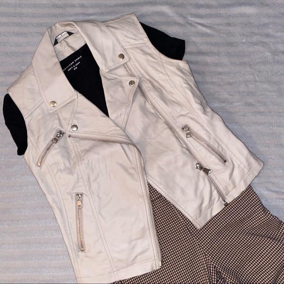 Beige Vegan Leather Biker Vest - Picture 2 of 5